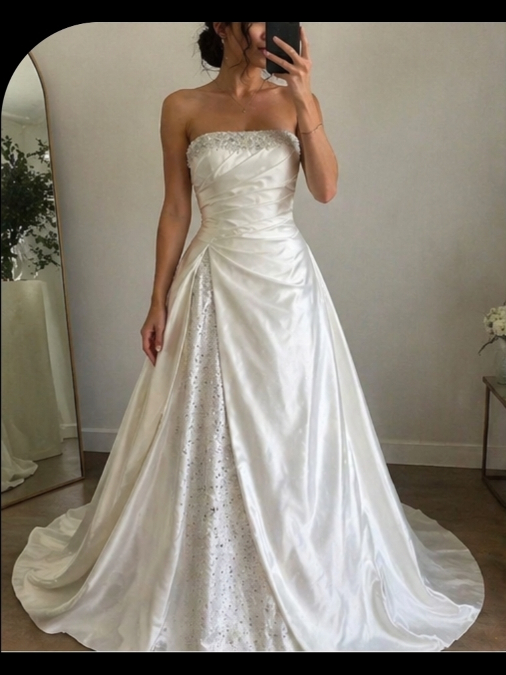 Strapless Satin Wedding Gown with Beaded Bodice - White